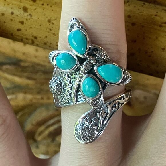 Sierra Nevada Turquoise Sterling Silver Butterfly Sunflower Ring Size 7 - Picture 1 of 9